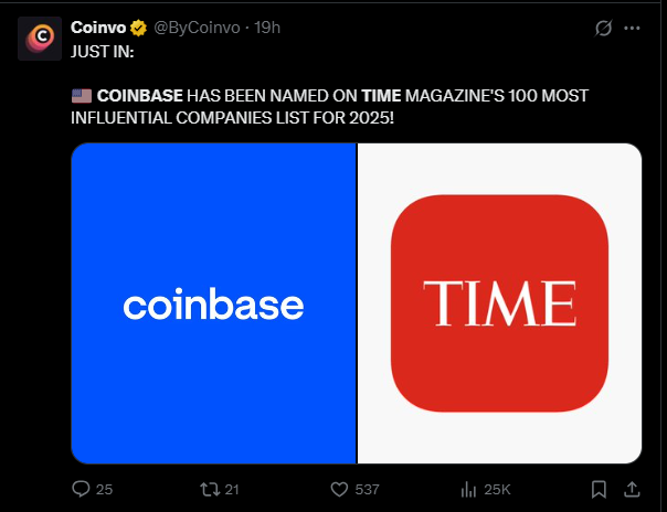 Coinbase entra nella lista delle 100 Most Influential Companies 2025 stilata da TIME